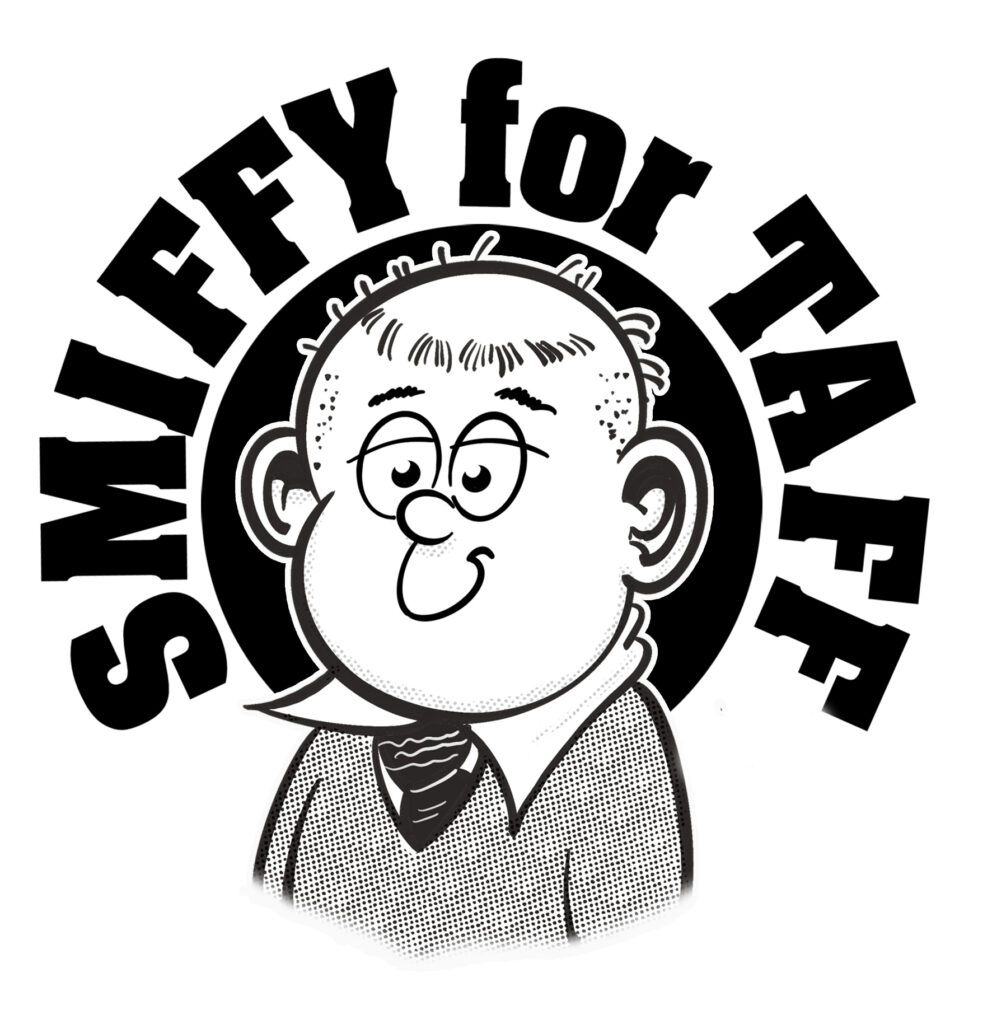 Smiffy for TAFF campaign button, remastered by Jim Barker.